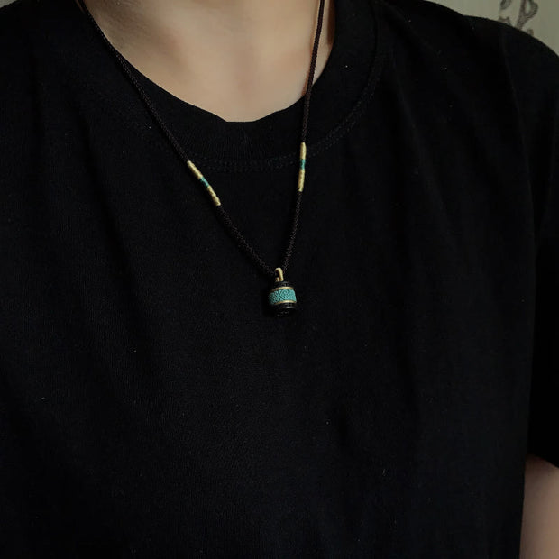 Buddha Stones Ebony Wood Turquoise Cylinder Peace Necklace Pendant - image 5