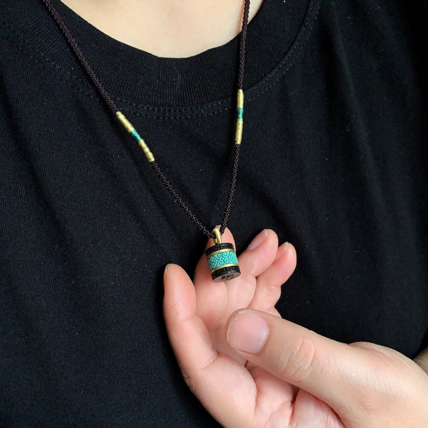 Buddha Stones Ebony Wood Turquoise Cylinder Peace Necklace Pendant - image 6