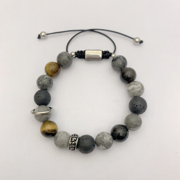 Buddha Stones Grey Jasper Lava Rock Silver Sheen Obsidian Tiger Eye Healing Bracelet - image 2
