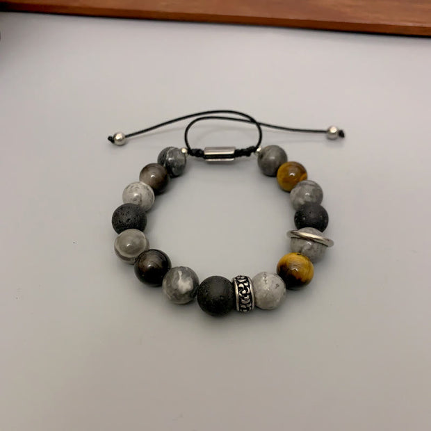 Buddha Stones Grey Jasper Lava Rock Silver Sheen Obsidian Tiger Eye Healing Bracelet - image 5