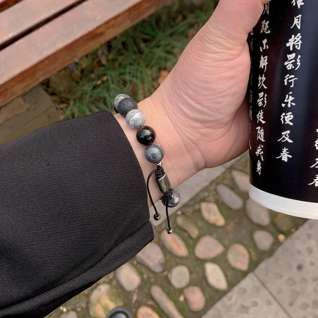 Buddha Stones Grey Jasper Lava Rock Silver Sheen Obsidian Tiger Eye Healing Bracelet - image 13