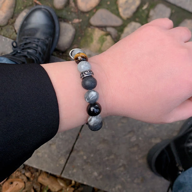 Buddha Stones Grey Jasper Lava Rock Silver Sheen Obsidian Tiger Eye Healing Bracelet - image 12