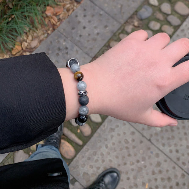 Buddha Stones Grey Jasper Lava Rock Silver Sheen Obsidian Tiger Eye Healing Bracelet - image 14
