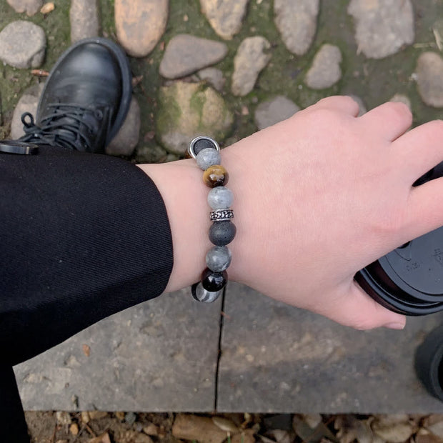 Buddha Stones Grey Jasper Lava Rock Silver Sheen Obsidian Tiger Eye Healing Bracelet - image 11