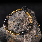 Buddha Stones Cute Bone Pattern Tiger Eye Courage Beads Bracelet - Silver Sheen Obsidian & Titanium Steel(Wrist Circumference: 15-21cm) - image 6