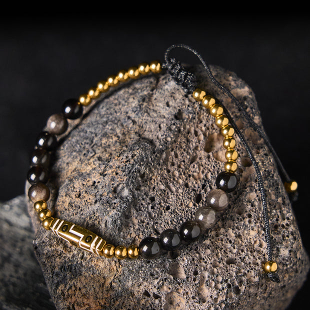 Buddha Stones Cute Bone Pattern Tiger Eye Courage Beads Bracelet - Silver Sheen Obsidian & Titanium Steel(Wrist Circumference: 15-21cm) - image 6
