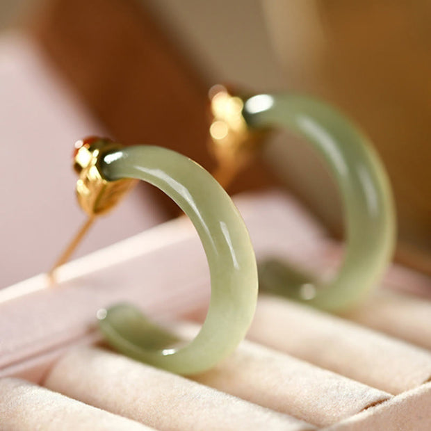 Buddha Stones 925 Sterling Silver Hetian Jade Prosperity Curved Earrings  - image 2
