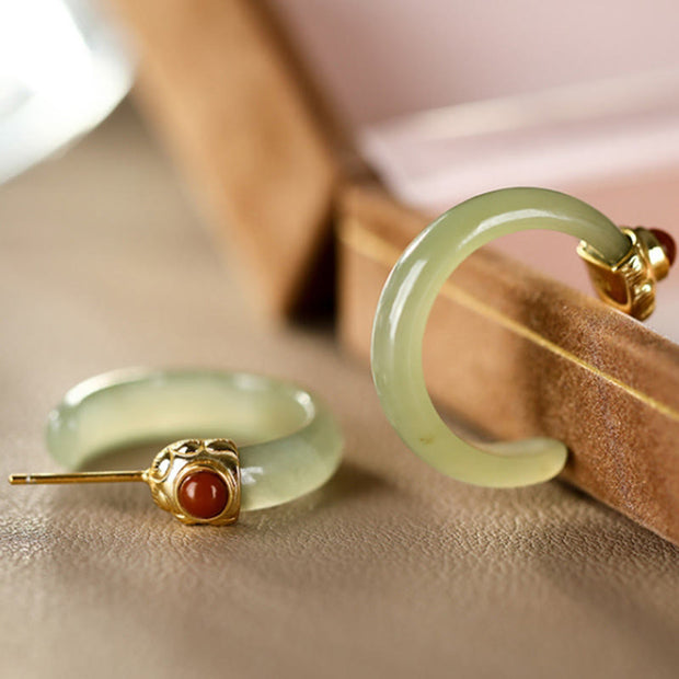 Buddha Stones 925 Sterling Silver Hetian Jade Prosperity Curved Earrings  - image 6