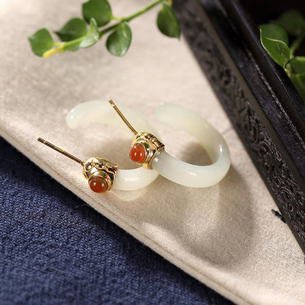 Buddha Stones 925 Sterling Silver Hetian Jade Prosperity Curved Earrings  - image 11