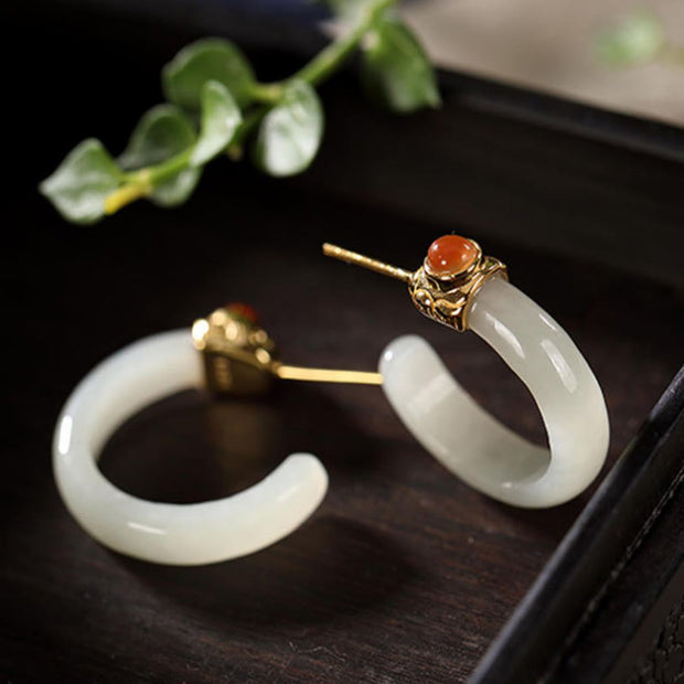 Buddha Stones 925 Sterling Silver Hetian Jade Prosperity Curved Earrings  - image 13