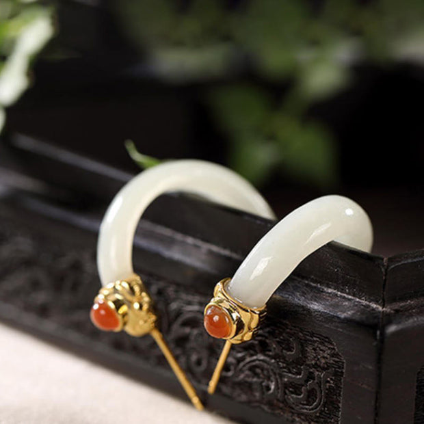 Buddha Stones 925 Sterling Silver Hetian Jade Prosperity Curved Earrings  - image 14
