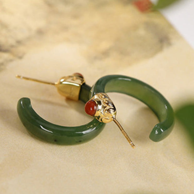 Buddha Stones 925 Sterling Silver Hetian Jade Prosperity Curved Earrings  - image 21