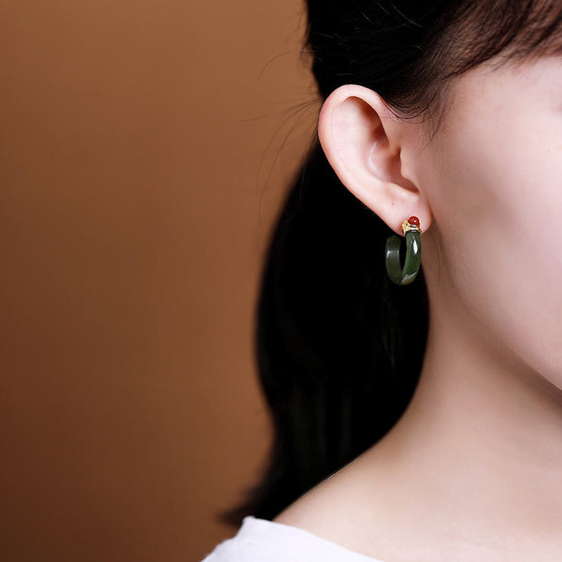 Buddha Stones 925 Sterling Silver Hetian Jade Prosperity Curved Earrings  - image 22
