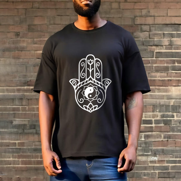 Buddha Stones Hamsa Hand Yin Yang Pattern Om Symbol Tee Cotton T-shirt - image 6