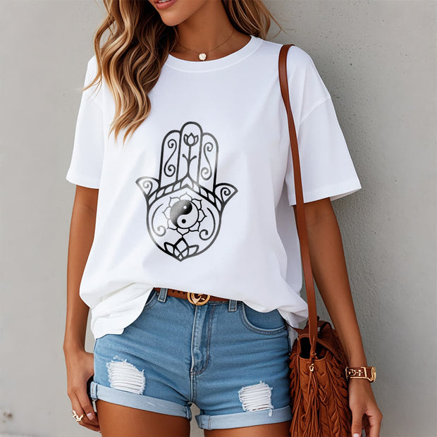 Buddha Stones Hamsa Hand Yin Yang Pattern Om Symbol Tee Cotton T-shirt - image 10
