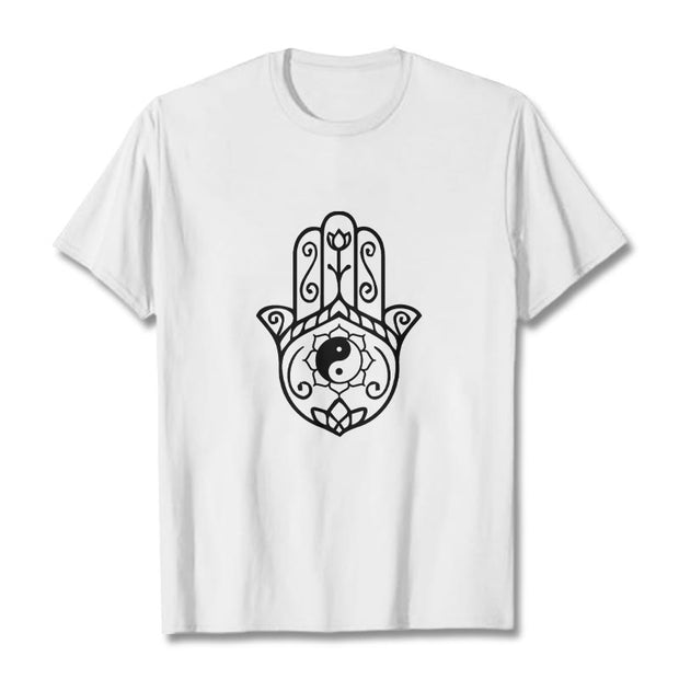 Buddha Stones Hamsa Hand Yin Yang Pattern Om Symbol Tee Cotton T-shirt - White - 2XL - image 8