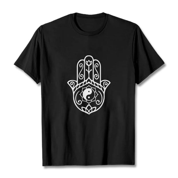 Buddha Stones Hamsa Hand Yin Yang Pattern Om Symbol Tee Cotton T-shirt - Black - 2XL - image 4