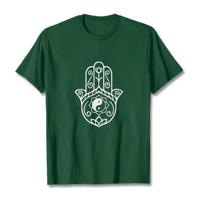 Buddha Stones Hamsa Hand Yin Yang Pattern Om Symbol Tee Cotton T-shirt - ForestGreen - 2XL - image 1