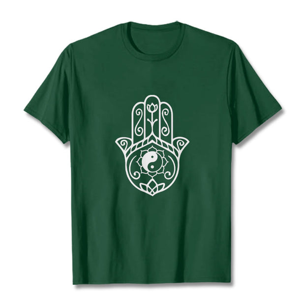Buddha Stones Hamsa Hand Yin Yang Pattern Om Symbol Tee Cotton T-shirt - ForestGreen - 2XL - image 1