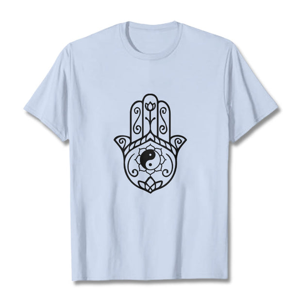 Buddha Stones Hamsa Hand Yin Yang Pattern Om Symbol Tee Cotton T-shirt - LightCyan - 2XL - image 19