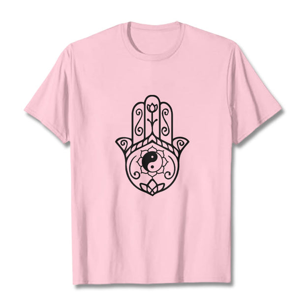 Buddha Stones Hamsa Hand Yin Yang Pattern Om Symbol Tee Cotton T-shirt - LightPink - 2XL - image 13