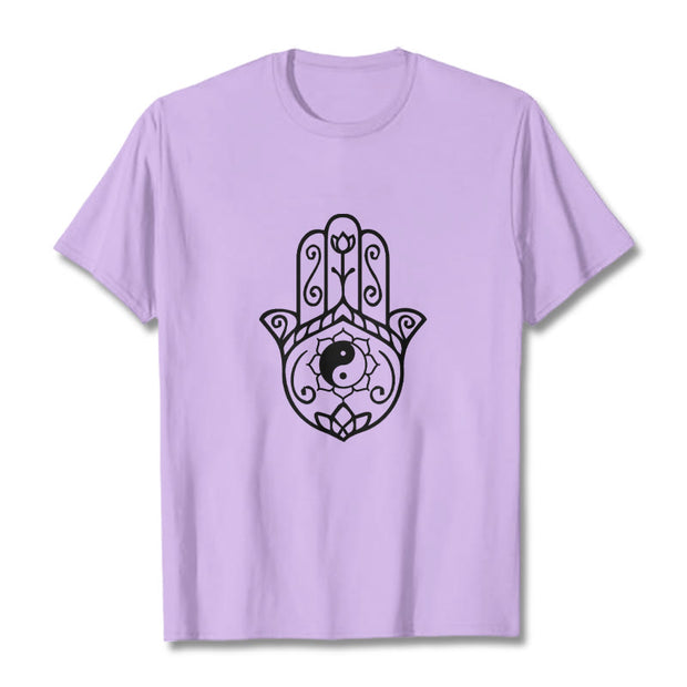 Buddha Stones Hamsa Hand Yin Yang Pattern Om Symbol Tee Cotton T-shirt - Plum - 2XL - image 17