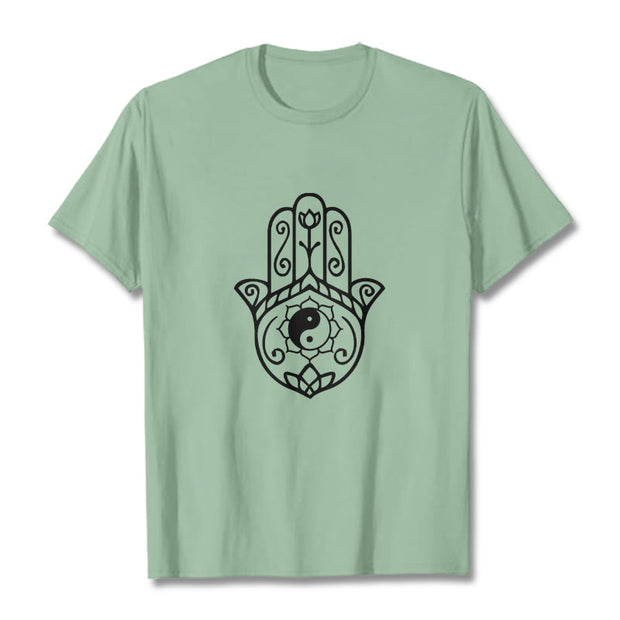 Buddha Stones Hamsa Hand Yin Yang Pattern Om Symbol Tee Cotton T-shirt - PaleGreen - 2XL - image 15