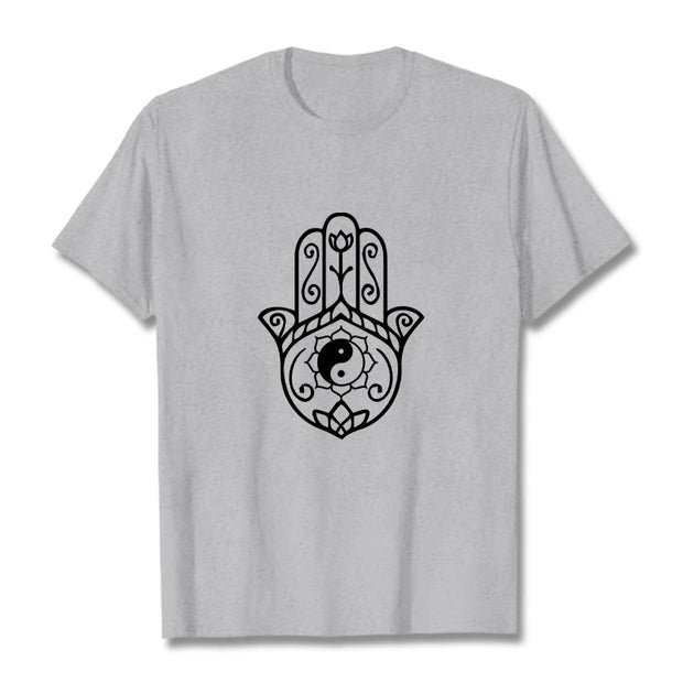Buddha Stones Hamsa Hand Yin Yang Pattern Om Symbol Tee Cotton T-shirt - LightGrey - 2XL - image 20