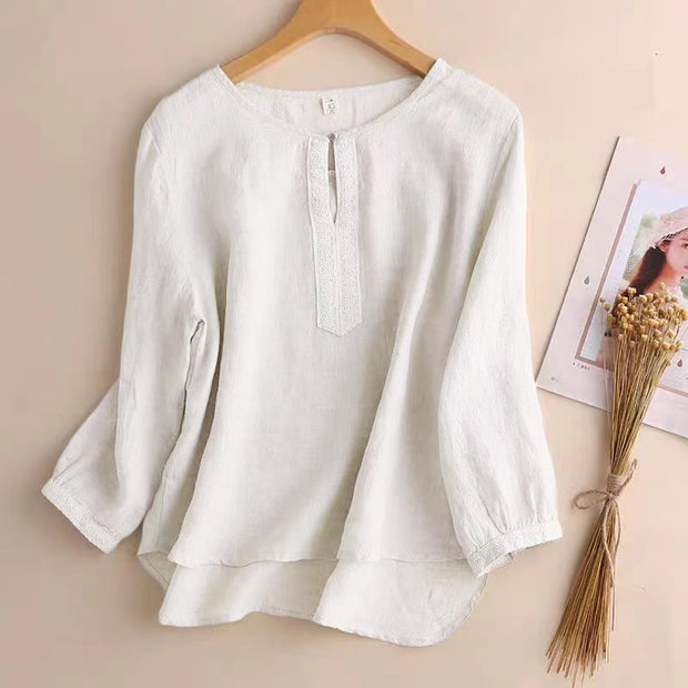 Buddha Stones Casual Plain Women's Hollow Crew Neck Design Three Quarter Sleeve Shirt - Linen - US8-10，UK/AU12-14，EU40-42 (2XL) - image 13