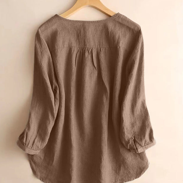 Buddha Stones Casual Plain Women's Hollow Crew Neck Design Three Quarter Sleeve Shirt - image 2