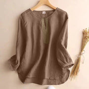Buddha Stones Casual Plain Women's Hollow Crew Neck Design Three Quarter Sleeve Shirt - Tan - US8-10，UK/AU12-14，EU40-42 (2XL) - image 1