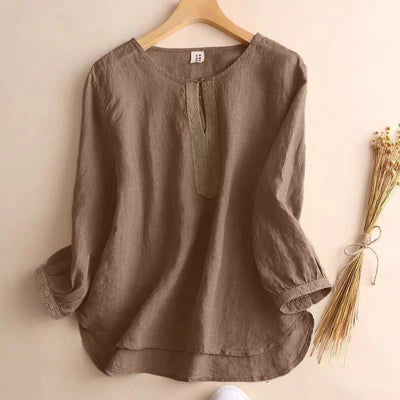 Buddha Stones Casual Plain Women's Hollow Crew Neck Design Three Quarter Sleeve Shirt - Tan - US8-10，UK/AU12-14，EU40-42 (2XL) - image 1