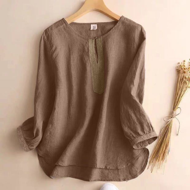 Buddha Stones Casual Plain Women's Hollow Crew Neck Design Three Quarter Sleeve Shirt - Tan - US8-10，UK/AU12-14，EU40-42 (2XL) - image 1