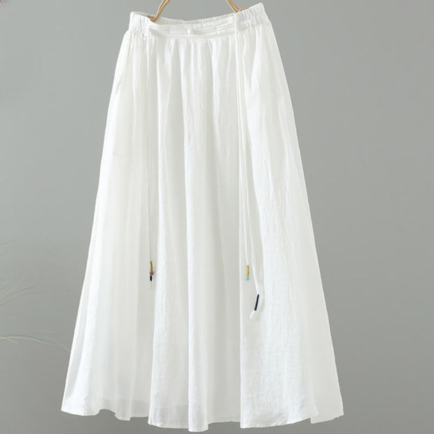 Buddha Stones Summer Retro Pure Color Tassel Design Women's Skirt With Pockets - White - US12，UK/AU16，EU44 (2XL) - image 6