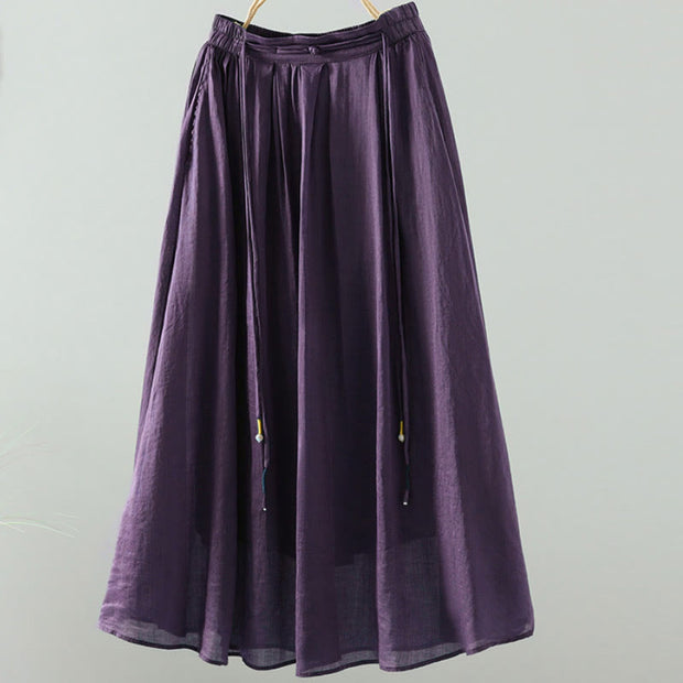 Buddha Stones Summer Retro Pure Color Tassel Design Women's Skirt With Pockets - image 17