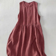 Buddha Stones Casual Plain Handmade Plaid Midi Dress Cotton Sleeveless Dress With Pockets - image 5