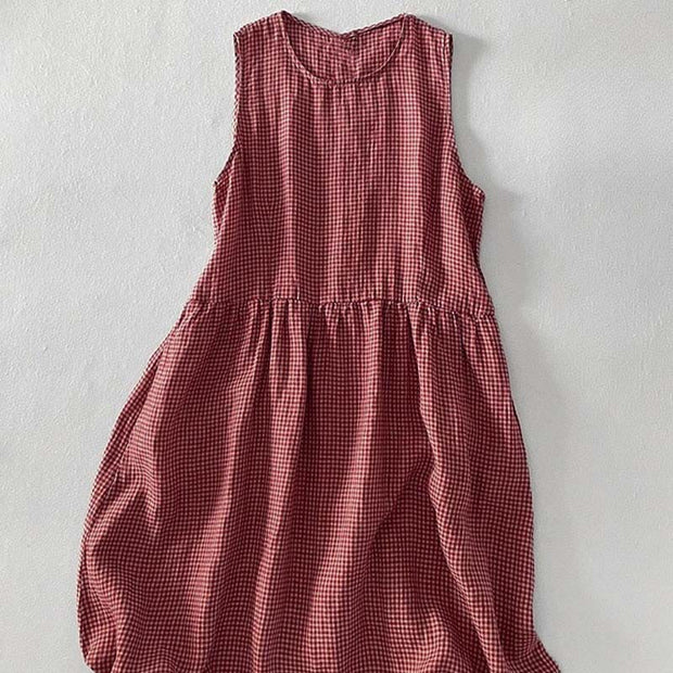 Buddha Stones Casual Plain Handmade Plaid Midi Dress Cotton Sleeveless Dress With Pockets - image 5