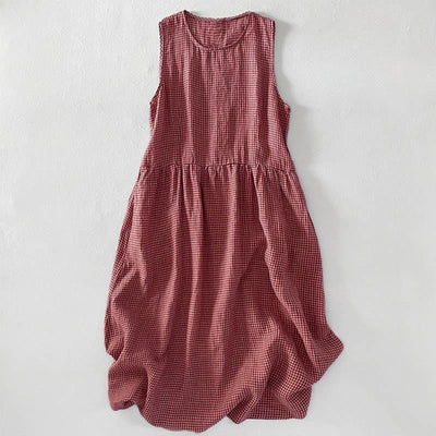 Buddha Stones Casual Plain Handmade Plaid Midi Dress Cotton Sleeveless Dress With Pockets - DarkSalmon - US14，UK/AU18，EU46 (2XL) - image 1
