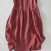 Buddha Stones Casual Plain Handmade Plaid Midi Dress Cotton Sleeveless Dress With Pockets - image 7