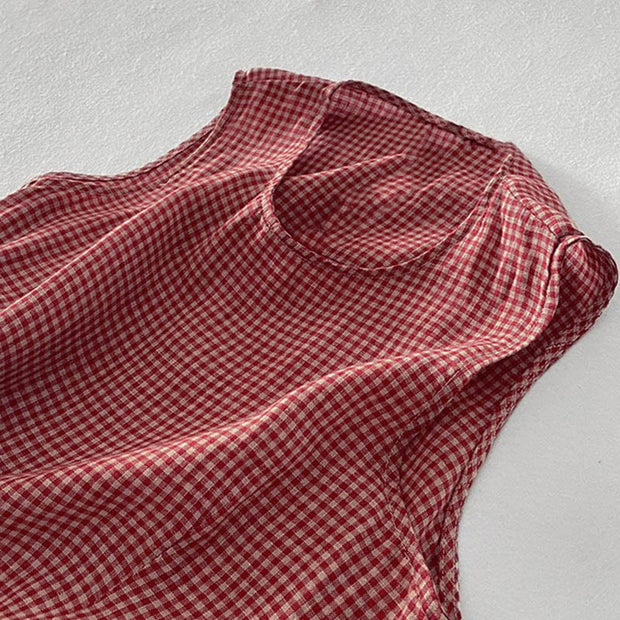 Buddha Stones Casual Plain Handmade Plaid Midi Dress Cotton Sleeveless Dress With Pockets - image 8
