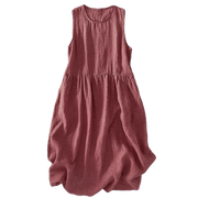 Buddha Stones Casual Plain Handmade Plaid Midi Dress Cotton Sleeveless Dress With Pockets - image 9