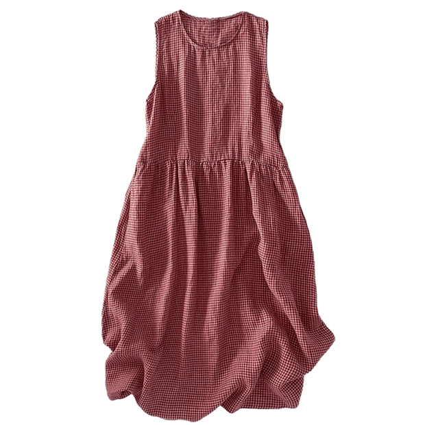 Buddha Stones Casual Plain Handmade Plaid Midi Dress Cotton Sleeveless Dress With Pockets - image 9