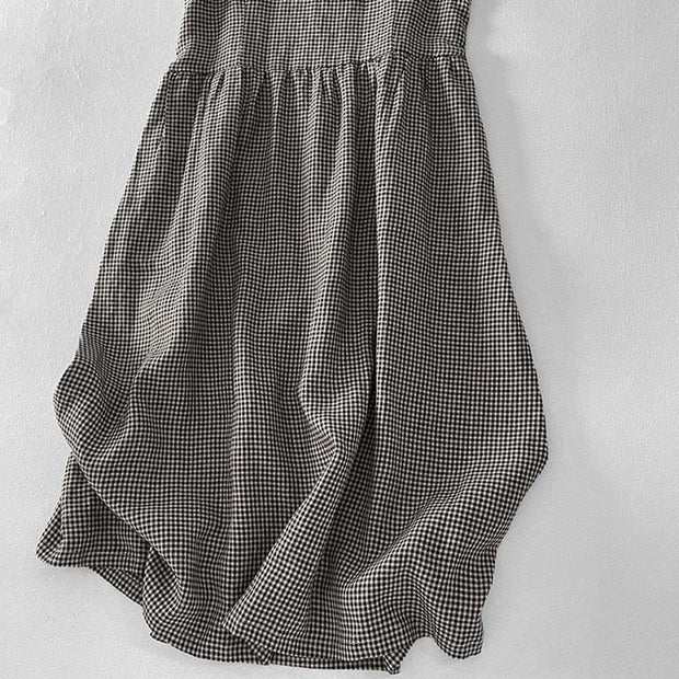 Buddha Stones Casual Plain Handmade Plaid Midi Dress Cotton Sleeveless Dress With Pockets - image 14