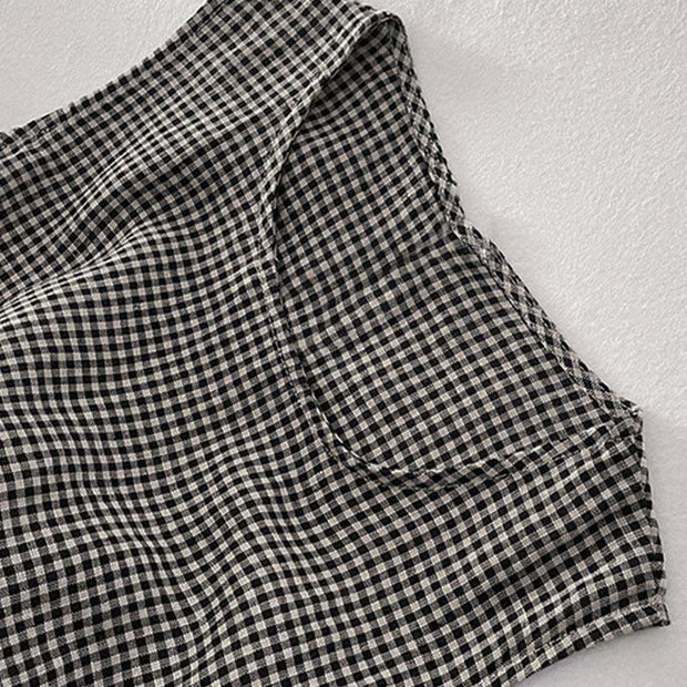 Buddha Stones Casual Plain Handmade Plaid Midi Dress Cotton Sleeveless Dress With Pockets - image 11