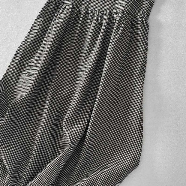 Buddha Stones Casual Plain Handmade Plaid Midi Dress Cotton Sleeveless Dress With Pockets - image 15