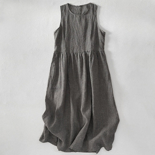 Buddha Stones Casual Plain Handmade Plaid Midi Dress Cotton Sleeveless Dress With Pockets - DimGray - US14，UK/AU18，EU46 (2XL) - image 10