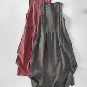 Buddha Stones Casual Plain Handmade Plaid Midi Dress Cotton Sleeveless Dress With Pockets - image 18