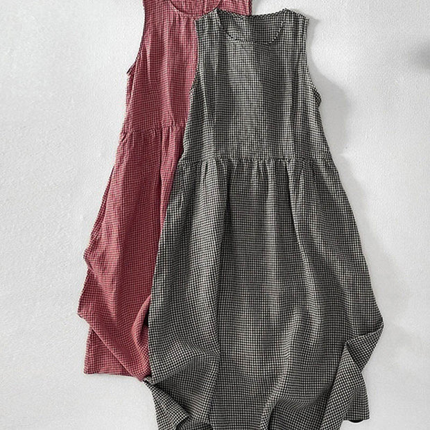 Buddha Stones Casual Plain Handmade Plaid Midi Dress Cotton Sleeveless Dress With Pockets - image 18