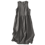 Buddha Stones Casual Plain Handmade Plaid Midi Dress Cotton Sleeveless Dress With Pockets - image 17