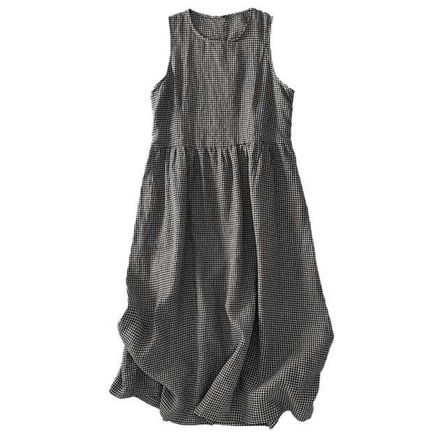 Buddha Stones Casual Plain Handmade Plaid Midi Dress Cotton Sleeveless Dress With Pockets - image 17